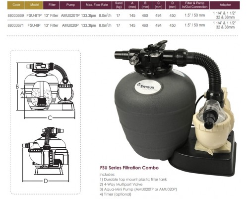 Фильтровальная установка Emaux FSU-8TP с таймером (330 мм., 20 кг., 32/38 мм., 8 м3/ч, верхнее соед-е)