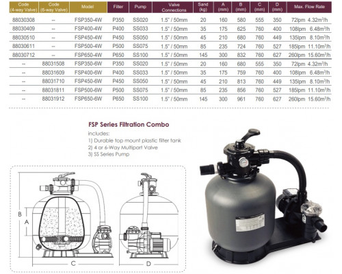 Фильтровальная установка Emaux FSP350-4W (Opus) (350 мм., 20 кг., 50 мм., 4,3 м3/ч, верхнее соед-е)