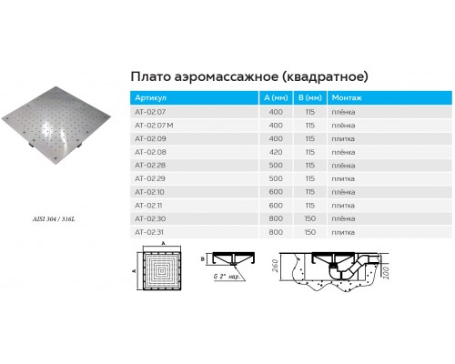 Плато аэромассажное АТ 02.29 (плитка) 500х500 мм из нержавеющей стали