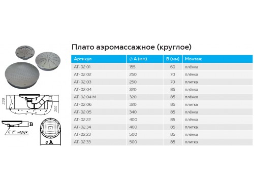 Плато аэромассажное АТ 02.02 (универс.) D=250 мм из нержавеющей стали