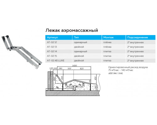 Лежак аэромассажный одинарный АТ 02.14 (плитка) из нержавеющей стали