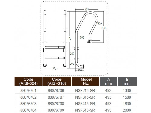 Лестница 2 ступени (у.б.) Emaux NSF215-S из нержавеющей стали AISI-304