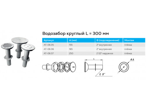Водозабор АТ 06.07М D=250 мм, L=300 мм (универс., 40 м3/ч) из нержавеющей стали AISI-316